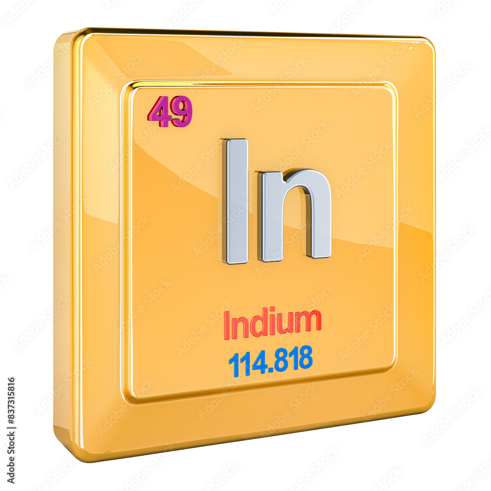 Poster indium in, chemical element sign with number 49 in periodic table. 3d rendering isolated on transpar