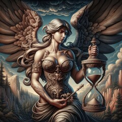 An angel with an hourglass symbolizes the passage of time in a fantastic, colorful landscape.