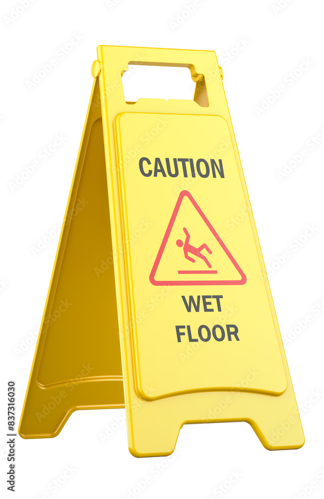 Poster yellow caution wet floor sign, 3d rendering isolated on transparent background