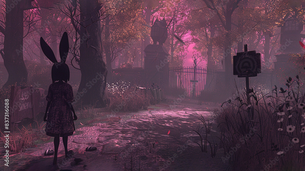 Poster a person in a forest with rabbit ears and a gate