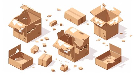 Fototapeta premium 3D damaged and broken cardboard boxes, wet packaging cargo.