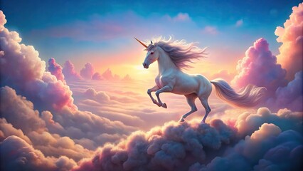 Magical unicorn riding a fluffy pink candy cotton cloud in a dreamy sky