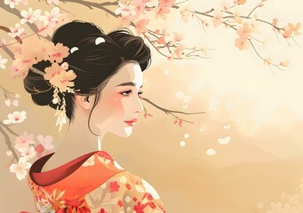 Fototapeta premium A beautiful Japanese woman in a kimono stands under a cherry blossom tree.