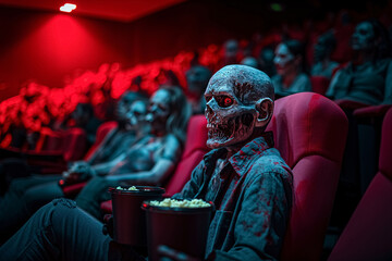 Zombies watching a movie in a cinema theatre