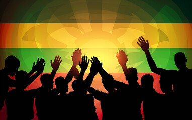 Group of Guinea people gathering hands vector silhouette, unity or support idea, hand gathering silhouette on Guinea flag.