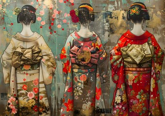 Naklejka premium Three Japanese Women in Kimono with Floral Background