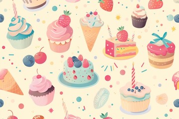 Cute birthday treats illustrated on a soft pastel backdrop