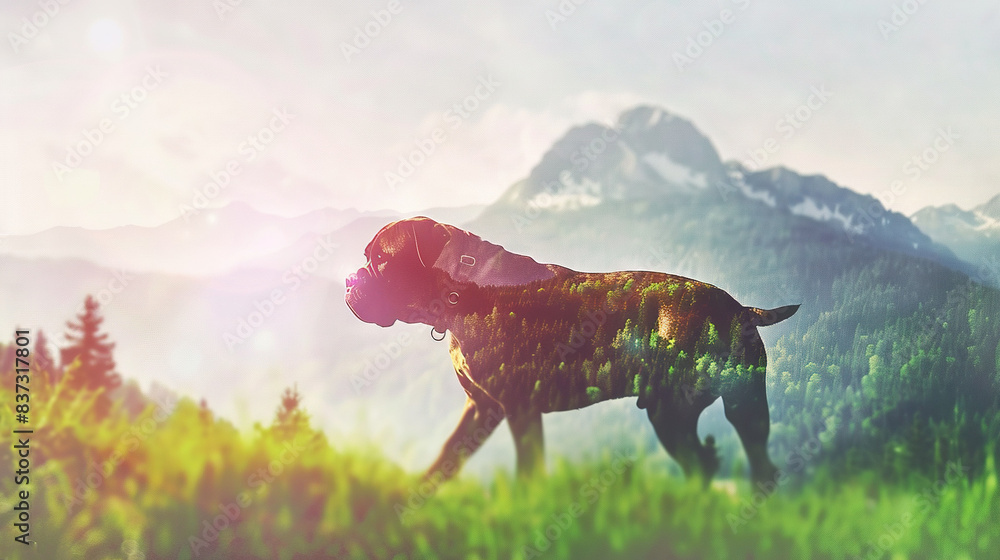 Poster a painting captures a dog in a grassy field with towering mountains in the background and trees fram