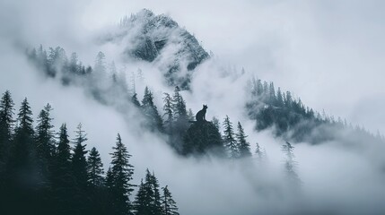   A monochrome image of a misty peak with an individual standing at its summit