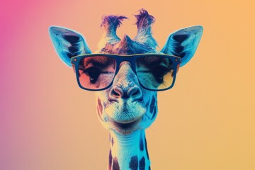 Giraffe Wearing Sunglasses, Stylish Animal Fashion, Vibrant Colorful Background, Playful and Modern