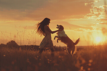 girl playing with her dog at sunset