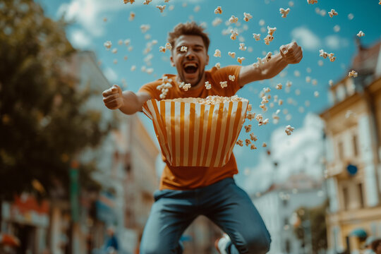 Ecstatic man throws popcorn in the air while jumping for joy.