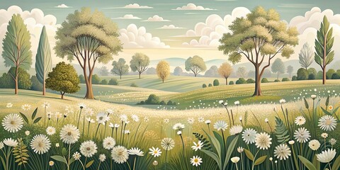 Wild spring meadow landscape in mid century modern art style with muted beige and white colors