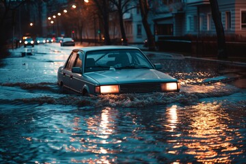 Car driving through flooded street