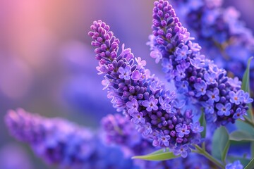 Purple small wild white flowers in grass in rays of sunlight. Spring summer fresh artistic image of beauty morning nature. Selective soft focus.