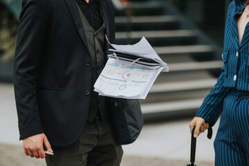 Close-up of businesspeople in professional attire, holding documents and discussing work outdoors...