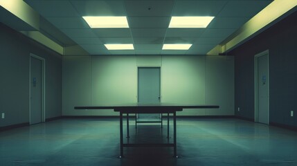 Obraz premium A minimalist scene featuring a table in an empty office room, conveying simplicity and potential.