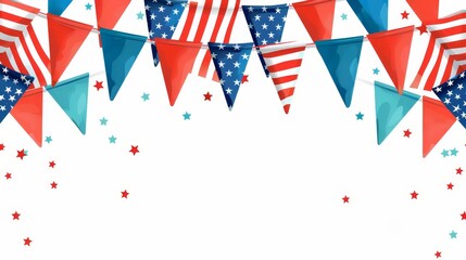 Vibrant flat design of American flag bunting, symbolizing patriotic pride and freedom, isolated on a white background (close up, pride theme, dynamic, Composite, white backdrop)