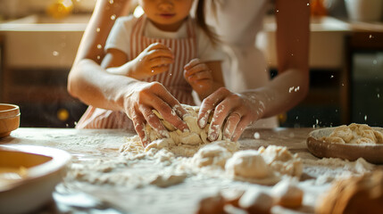 Tender moment of parent and child hands mixing dough, cheerful kitchen atmosphere, love, connection, and developmental aspects of baking as a family activity