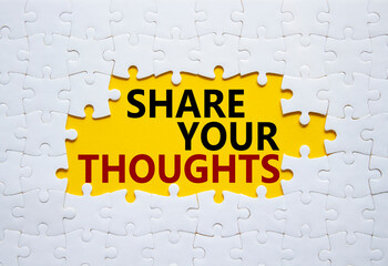 Share your Thoughts symbol. Concept words Share your Thoughts on white puzzle. Beautiful yellow...