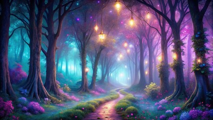Fantasy and fairytale magical forest with purple and cyan lighting pathway