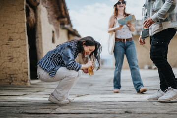 Laughing tourists with a map explore historical surroundings, radiating happiness and the joy of travel.