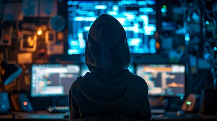 A hacker in a black hoodie works on a laptop with a dimly lit background filled with complex data and network