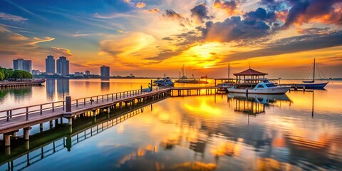 Scenic sunrise view at the dock of Ancol , tranquil, early morning, serene, waterfront, pier, harbor, reflection, colorful sky, peaceful, picturesque, horizon, moored boats, marina, calm