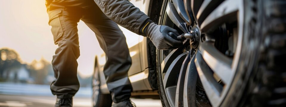 Banner of Closeup of car mechanic changing car wheel tire with pneumatic wrench in auto service