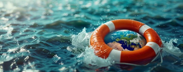 Planet earth in water wearing lifebuoy