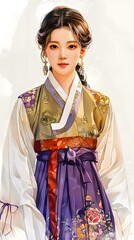 A beautiful illustration of a young woman in a traditional Korean hanbok