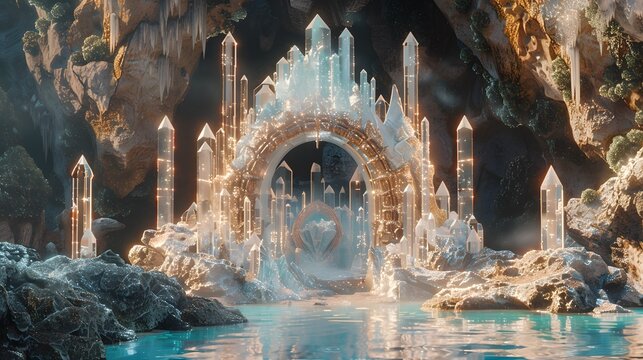 Ornate crystal gate with magical patterns, leading to another dimension