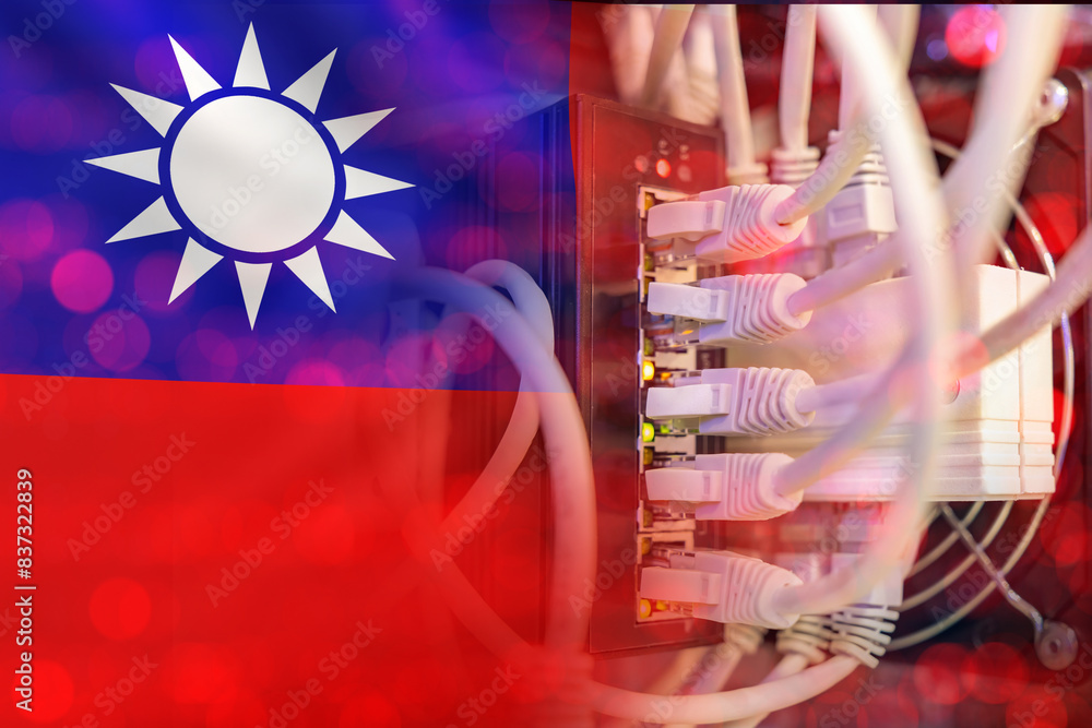 Poster network hardware. flag taiwan. wires are connected to router. internet technologies. electronics man