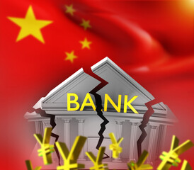 Collapse of bank of China. Destruction of economy concept. Chinese flag near Yuan symbols. Bank bankruptcy. Crisis in people republic of China. Problems and bankruptcy in economy PRC. 3d image