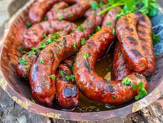 Fototapeta premium A rustic platter filled with freshly grilled salsiccia 