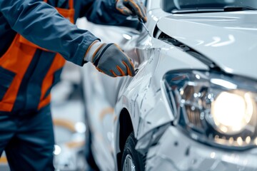 Professional car repair service on white background, mechanic fixing vehicle after accident