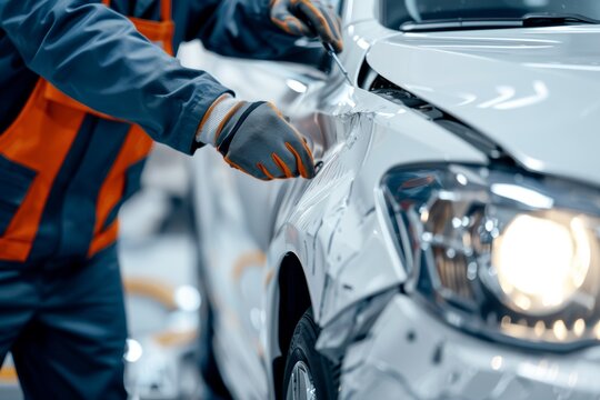 Professional car repair service on white background, mechanic fixing vehicle after accident - Powered by Adobe