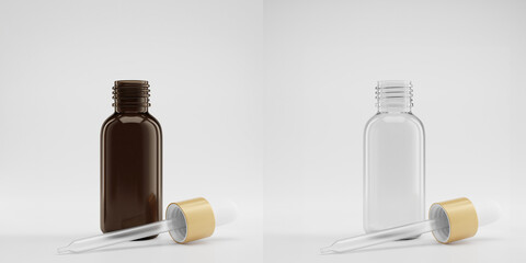 glass dropper bottle for  serum, mock up bottle glass isolated on white background. 3d rendering
