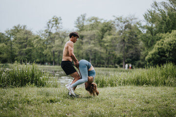 Sports partners doing acrobatic flips in the park, supporting and assisting each other during their...