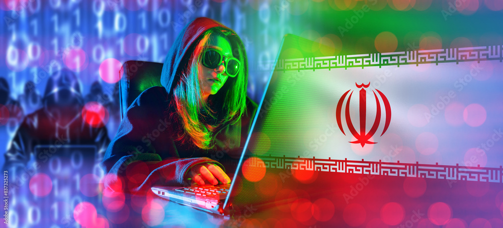 Poster hacker from iran. woman cyber specialist with laptop. iranian hacker hacks computer. cyber army. hac