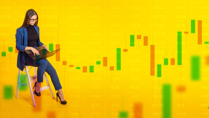 Woman financial analyst. Girl investor with laptop. Businesswoman sitting on high chair. Financial...