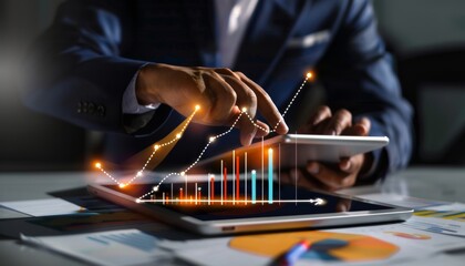 Businessman analyzing sales data with tablet and laptop for business strategy and digital marketing