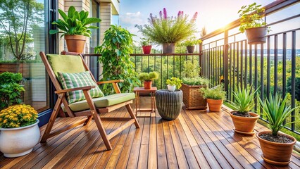 Beautiful balcony or terrace with wooden floor, chair, and green potted flowers plants, creating a cozy and relaxing area at home - Powered by Adobe