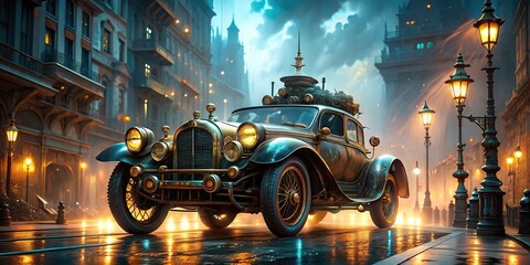 Futuristic steam punk car driving under big street lights at night