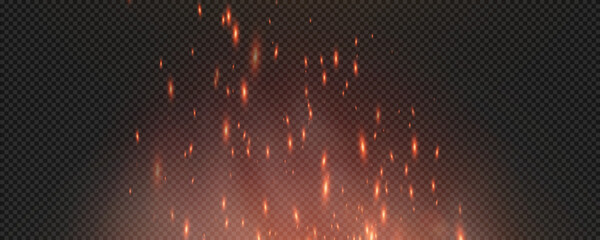 Burning hot sparks effect with embers burning ash and smoke flying in the air. Burning glowing particles. Flame of fire with sparks isolated on a black transparent background. Flame png. © Александр Боярин
