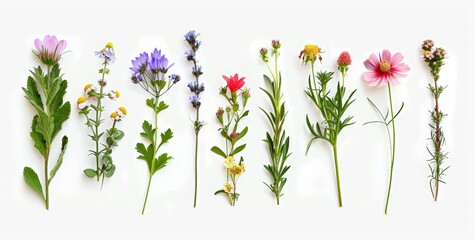various wild flowers, top view, isolated on white background. A set of wildflowers. White clover, violet and yellow spring flower heads, meadow grasses and leaves in a natural composition