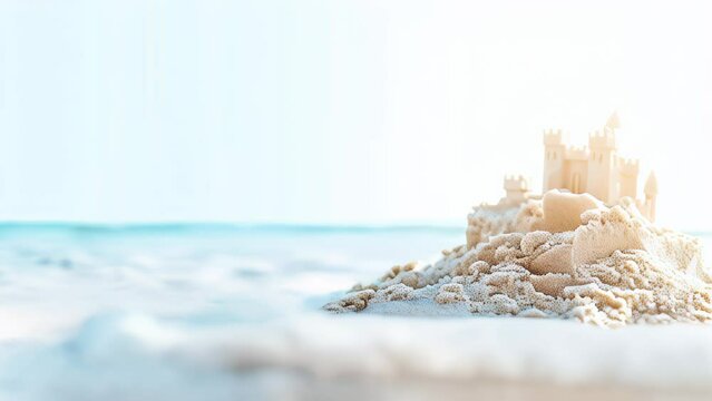 sandcastle on sunny beach with turquoise water in the background, empty space for text, holidays and travel, tourism, family children beach activities.