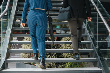 Two businesspeople walk up stairs in an office building, symbolizing teamwork, determination, and success in a professional environment.
