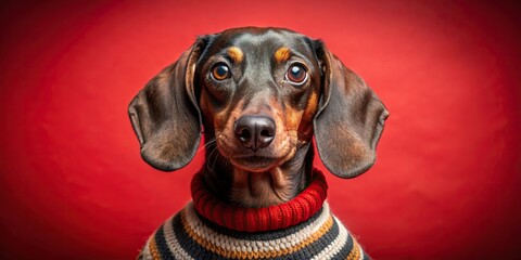 Charming portrait of dachshund in stylish sweater against red backdrop, showcasing playful personality, dachshund, sweater, portrait, red, vibrant, backdrop, playful, cute, pet, animal
