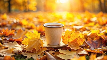 Autumn coffee cup mockup on yellow tree leaves with hot drink in golden foliage - Powered by Adobe